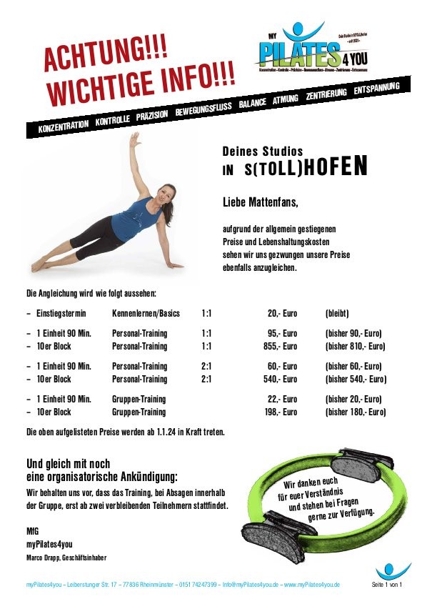 Trainingspreise von MyPilates4you Trainingspreise von MyPilates4you